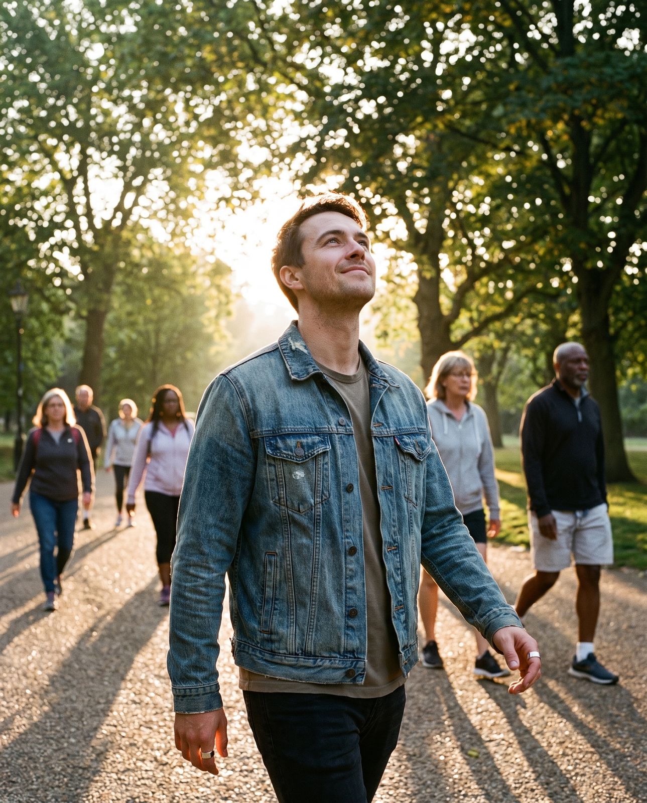 People walking through a park in golden evening light