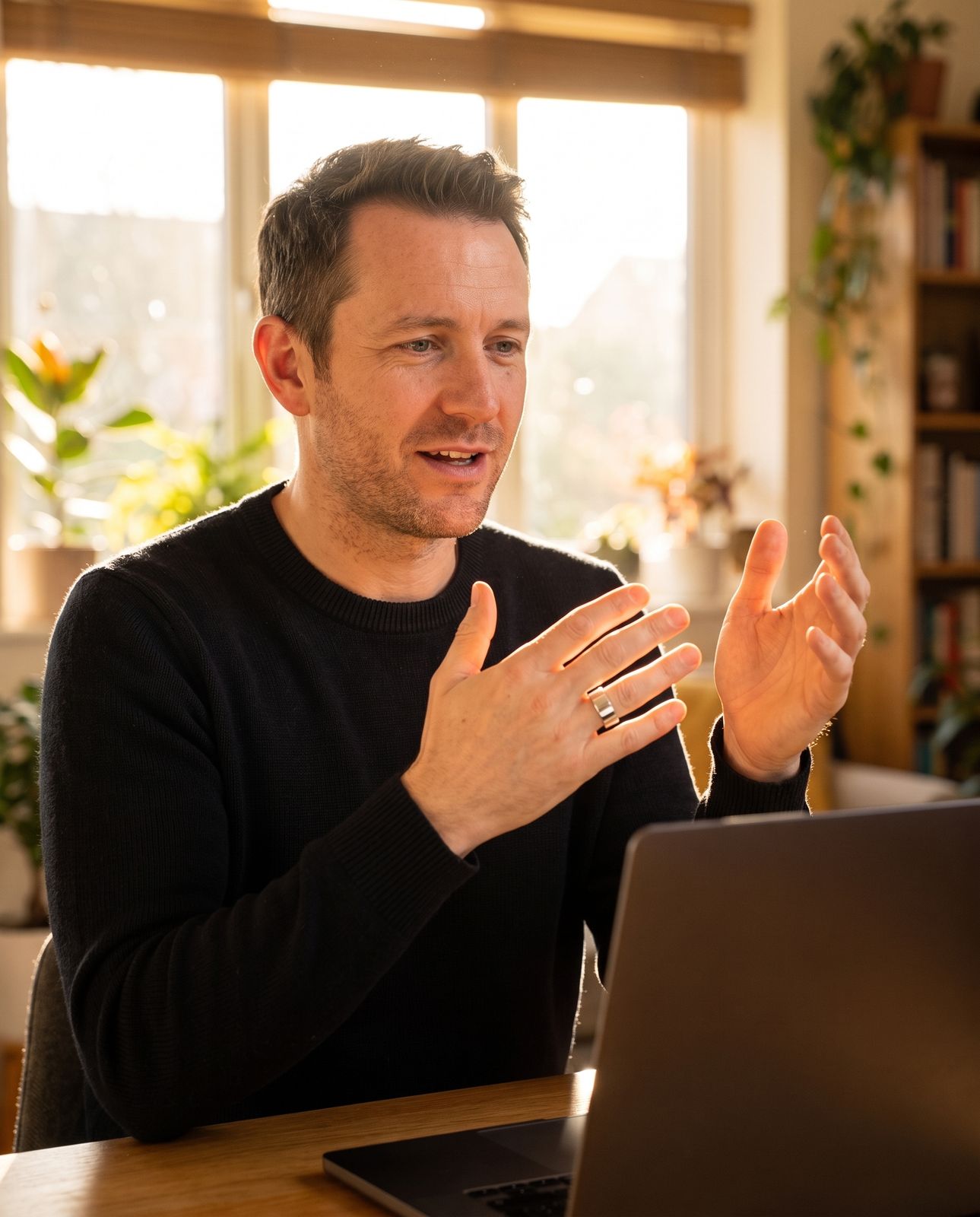 A coach in warm light leading an online session, laptop seen from behind, ringed hand raised