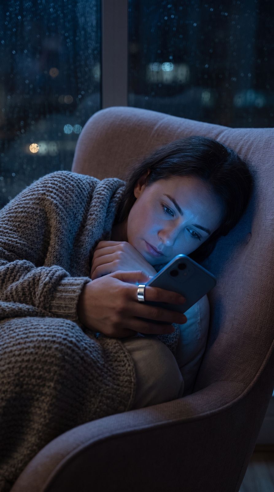 A woman curled in an armchair at night, face lit by her phone