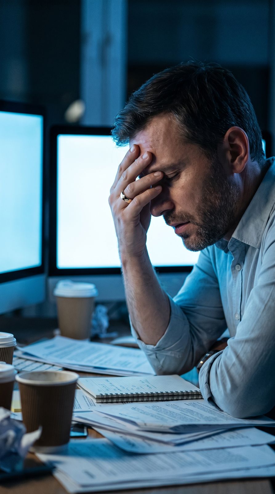 A man at a desk at night, head in hand, lit by two screens