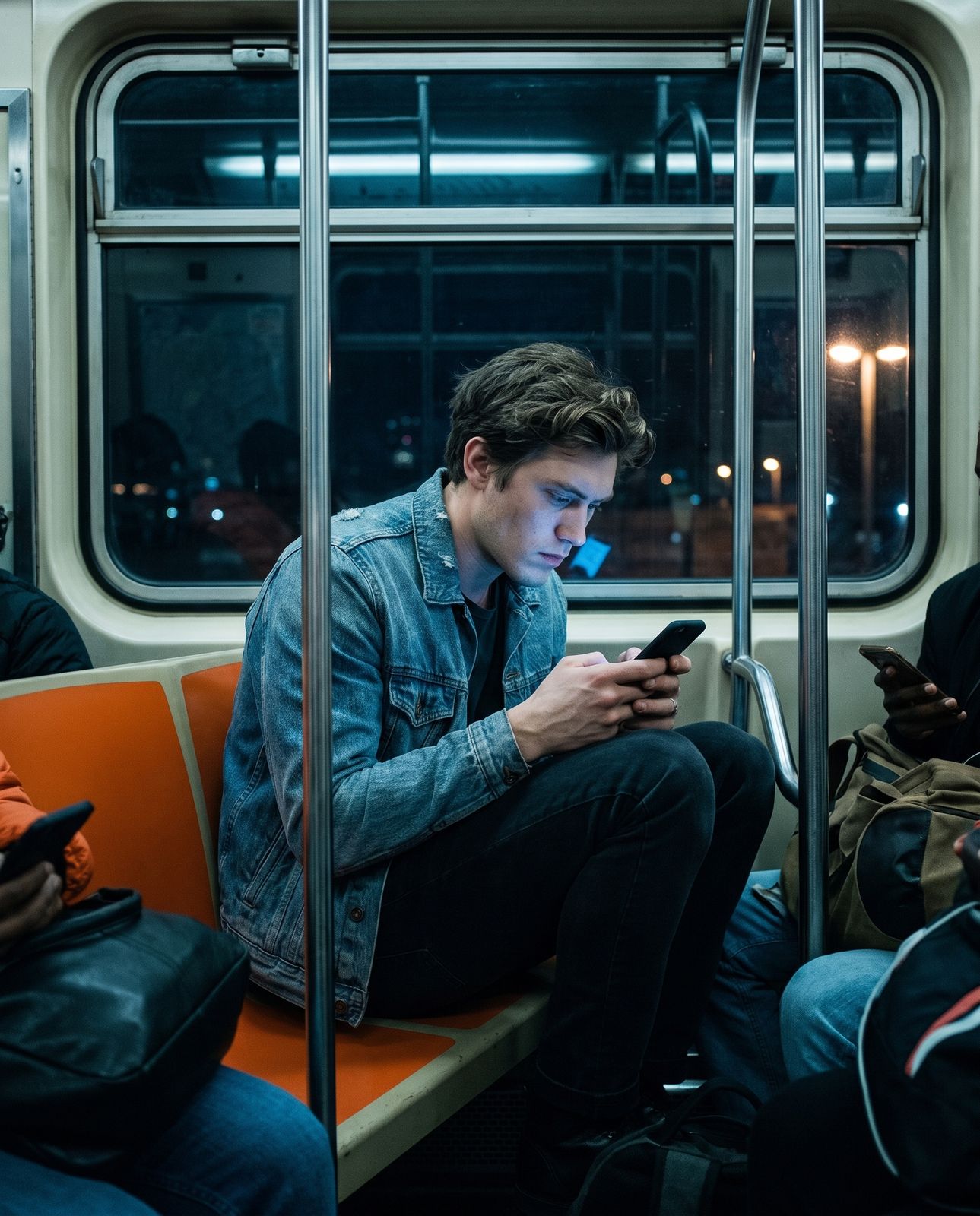 A commuter on a night train, lit by his phone