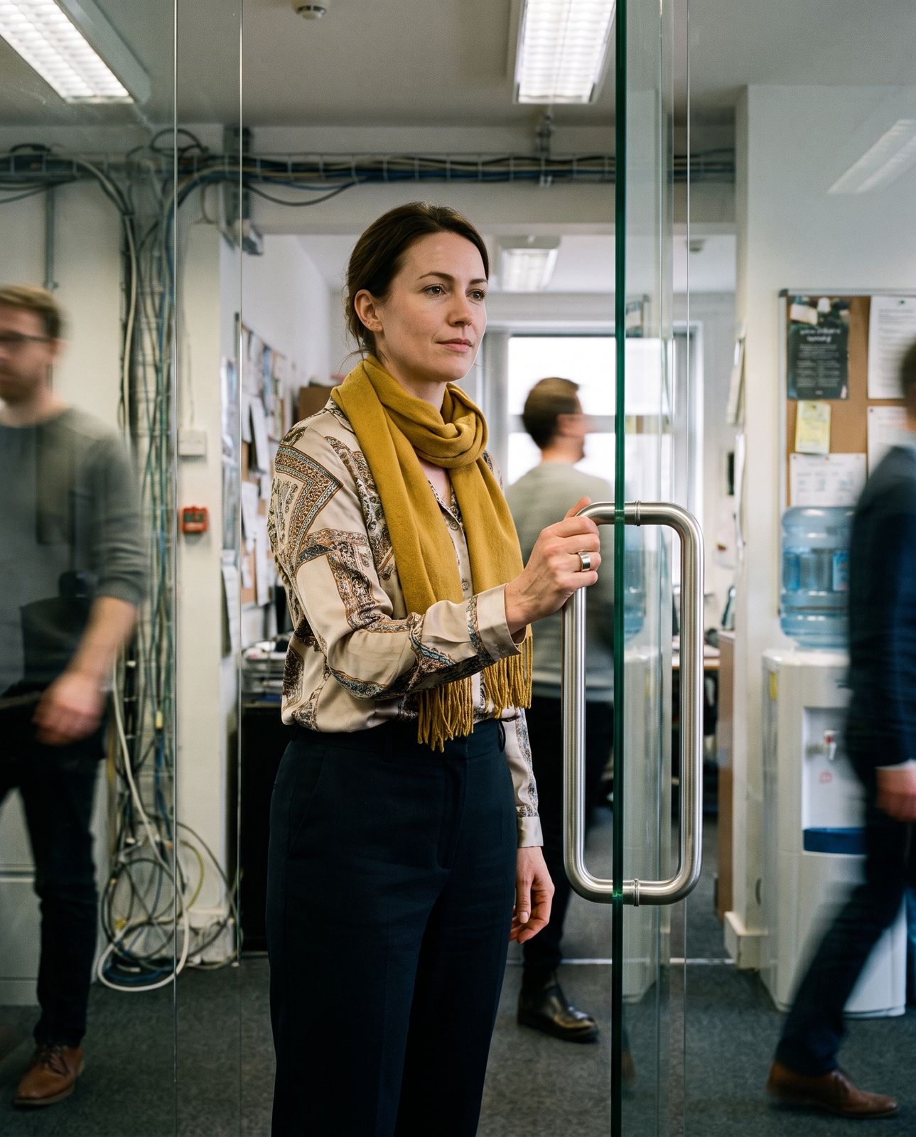 The same woman in the same office doorway, head up, composed
