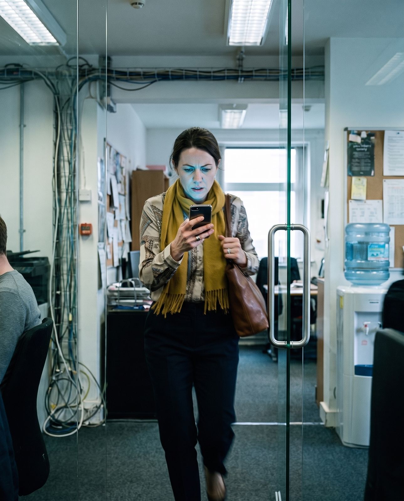 A woman walking through a bright office checking her phone