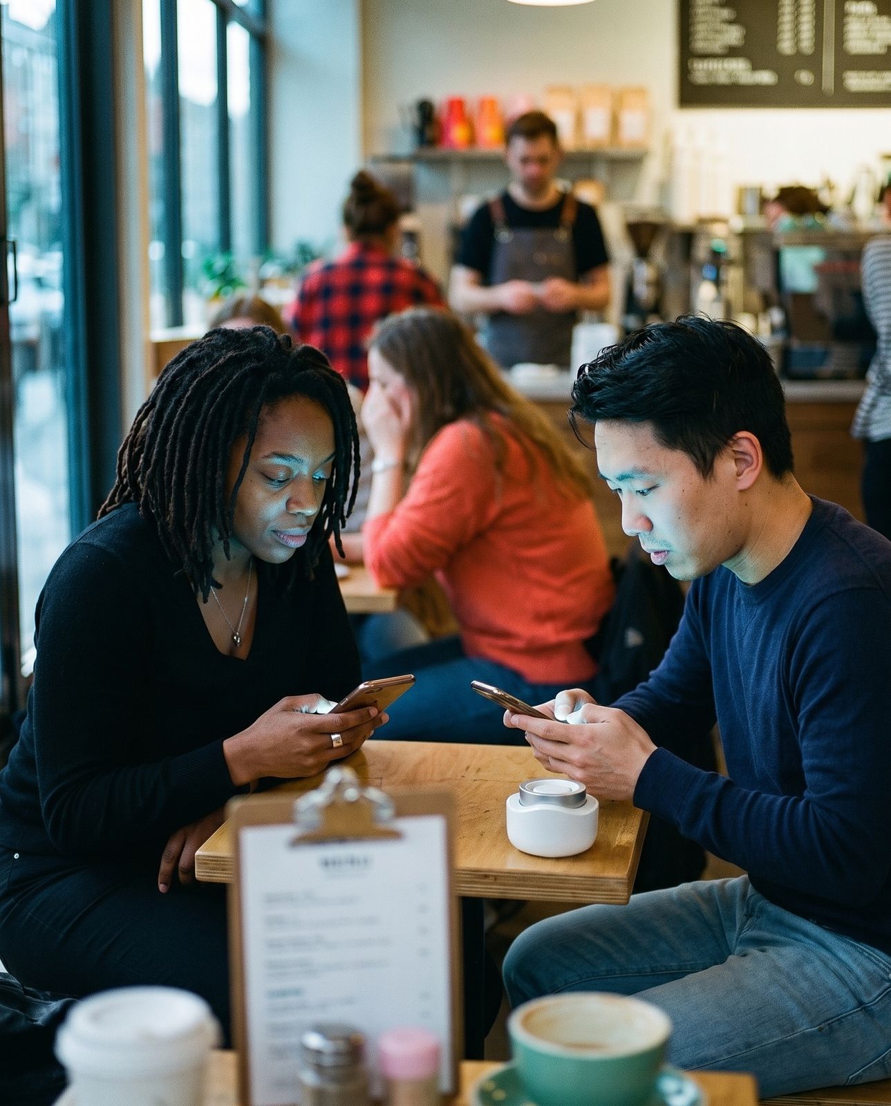 A cafe table where everyone is on their phone